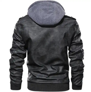 Chaqueta de moto informal con cremallera y diseño personalizado de alta calidad para hombre, venta al por mayor de cuero PU con cuello levantado y capucha - Product Image 3