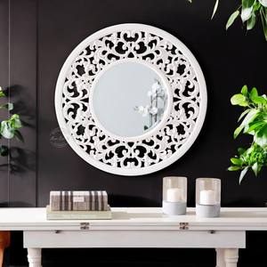 Elegant <b>Round</b> White <b>Mirror</b> with Intricate Floral Frame Stylish and Decorative Ideal <b>for</b> Living Room or Bedroom - Product Image 1