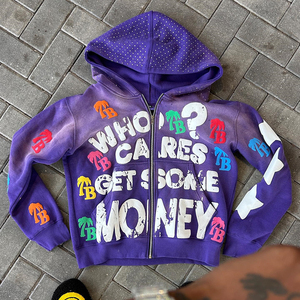 Streetwear Puff Printing Graphic Hoodies Zip up Men Custom Vintage Washed Sun Faded Rhinestone Cotton Blended Hoodie - Product Image 3