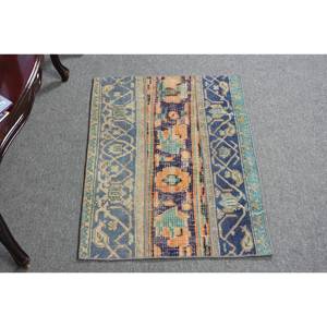 Alfombra de lana turca vintage de 2x2,7 pies, tejido plano de gran tamaño, respaldo de látex, diseño de retazos azul naranja para decoraciones de sala de estar - Product Image 1