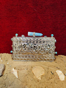 Turquoise Gemstone Mosaic <b>Clutch</b> with <b>Silver</b> Frame and Stone Bar Clasp Handmade Luxury Statement <b>Bag</b> for Weddings Parties - Product Image 4