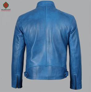 Chaqueta Bomber de Cuero Sintético Azul Cielo para Hombre, con Cierre de Cremallera y Cuello Alto |   Servicio OEM de Patrones Sólidos - Product Image 2