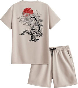 Conjunto informal de dos piezas de verano para hombre de algodón 100%, camiseta lisa transpirable y pantalones cortos con estampado personalizado - Product Image 1