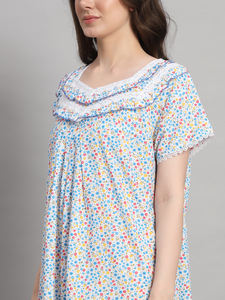 Camisón de encaje 100% algodón para mujer, manga media, largo completo, tela transpirable, cuello con estampado floral, elegante, para verano y otoño - Product Image 6