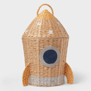 <b>New</b> Arrival Cute Space Kid Rocket Woven Water Hyacinth Children's Storage Basket With Lid <b>Gift</b> Baskets For Kids And <b>Hampers</b> - Product Image 1