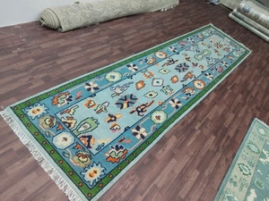 Tapis de couloir en laine fait main-Tapis à motif géométrique tribal | Chemin de couloir long bleu et vert | Tapis de grand couloir au design ethnique - Product Image 2