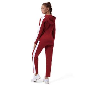 Conjunto de chándal rojo con capucha para mujer, sudadera de longitud completa y pantalones jogger a juego, corte holgado informal, color liso, cierre de cremallera - Product Image 4