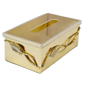Kotak dan dudukan kertas serbet berlapis emas logam, bentuk persegi panjang desain sederhana, wadah tisu logam ukuran besar dari India