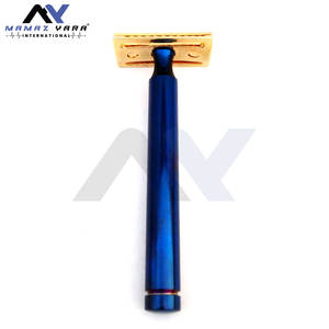 Rasoir de sécurité à double tranchant, rasage traditionnel, salon de barbier, rasoir classique DE, manche bleu, tête dorée, rasage de sécurité pour barbier - Product Image 2