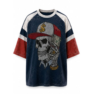 T-shirt surdimensionné pour homme avec imprimé crâne, manches raglan, motif brillant « Money Is Love », style streetwear, col rond, en jersey de coton - Product Image 2