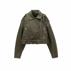<b>Women</b> Vintage Loose Pu Faux Leather Short <b>Jacket</b> with Belt Streetwear Female Zipper Retro Moto Biker Coat Outwear Tops - Product Image 1