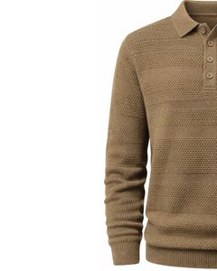 Pull Polo Homme Personnalisé à Texture Horizontale en Tricot, Manches Longues, Col Boutonné, Décontracté, Hiver, en Brun Camel, Vente en Gros - Product Image 3