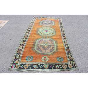 Tapis turc vintage, grand tapis de 4,8 x 10,3 pieds, tapis en laine rayé orange et bleu - Product Image 1