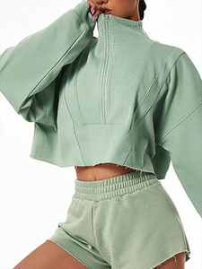 Conjunto de chándal de algodón de manga larga para mujer, sudaderas de gran tamaño con cremallera y cuarto, conjunto de chándales cortos de dos piezas - Product Image 3