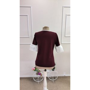 Blusa de Chifón Crepé con Mangas Cortas, Cuello Redondo, Detalle de Lazo y Volantes en las Mangas para Mujer, 34790 - Borgoña - Product Image 6