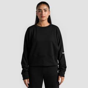 Sweat-shirt noir monocolore pour femme, idéal pour les entraînements quotidiens, en soie tricotée respirante avec impression en relief, style streetwear léger - Product Image 1