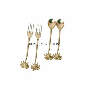 Finition couleur argent brillant poli avec feuilles plaquées or de haute qualité ensemble de couverts design ustensiles de cuisine fournitures de vaisselle - Product Image 4