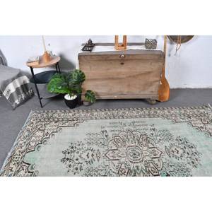 Tapis Turc Vintage 4'9 "X 8 'Vert Beige Classique Grande Surface Rectangle Peluche Laine Latex Classique Patchwork pour Couloir pour Chambre - Product Image 2