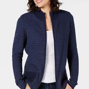 Cardigan Lungo e Casual da Donna Karen Scott Blu Navy con Stampa Texturizzata e Chiusura a Zip in Acrilico Taglia Small per l'Autunno - Product Image 1