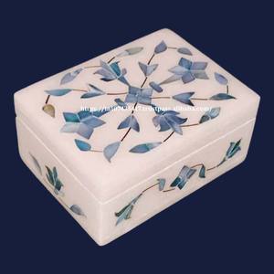 Forma circular con nácar azul Floral arte hecho a mano Top artista indio caja de incrustaciones de mármol con uso de fregona para almacenamiento de joyas - Product Image 5