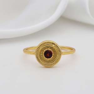 Boho Garnet <b>Dainty</b> Brass <b>Ring</b> 18k Gold Plated Round Shield Textured Wholesale <b>Ring</b> for Women - Product Image 5