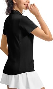เสื้อโปโลแขนสั้นสีดำสำหรับผู้หญิง สีพื้น ผ้าถักลำลอง โพลีเอสเตอร์ 100% ความยาวปกติ - Product Image 4