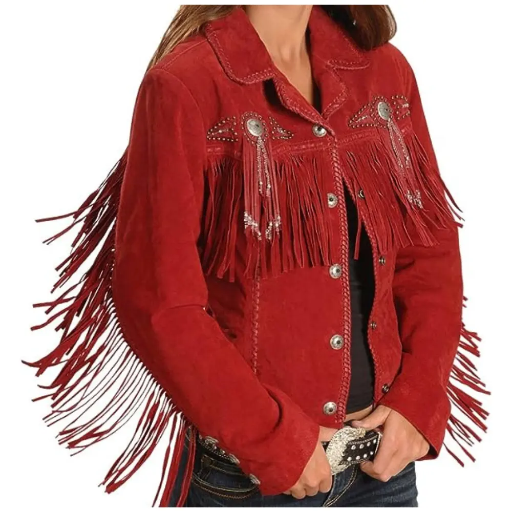 Best Quality Original Women's Fringe and Beaded Boar Suede Leather Jacket