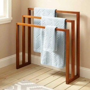 <b>Wooden</b> Freestanding <b>Towel</b> <b>Rack</b> 3 Tier Minimalist Bathroom Organizer Space Saving Design Natural Finish - Product Image 5