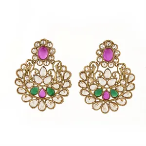 Fashion Jewelry Designer Antique Reverse Ad Stone Earring With Mehndi Plating 214075 for Ladies