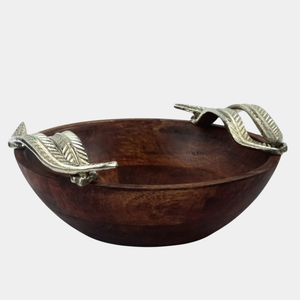 Bol de service en bois naturel de conception traditionnelle pour la cuisine à manger bol de vaisselle avec bol de service d'accent de fleur d'argent en vente - Product Image 3