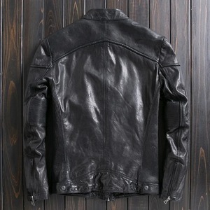 Men's Trendy <b>Vegetable</b> Tanned Sheepskin Jacket Real Leather with Canvas <b>Stand</b> Collar Motorcycle Coat - Product Image 2