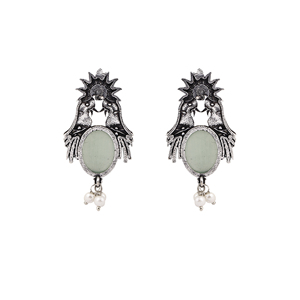 Pendientes de botón con diseño de pájaro verde menta y sol, engaste de bisel con perla de imitación, hechos de jade, ideales para regalo. - Product Image 3