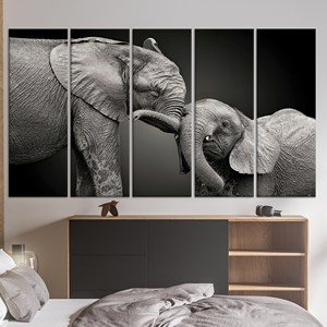 Arte de pared de vidrio templado con diseño de mamá elefante y bebé: decoración para habitación infantil, JUEGO DE 5 CANVAS - Product Image 1