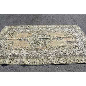 Alfombra turca Vintage Beige clásica 5,3X9,7 pies Diseño de retazos hecho a mano Material de viscosa de lana Respaldo de látex para uso en la sala de estar - Product Image 3