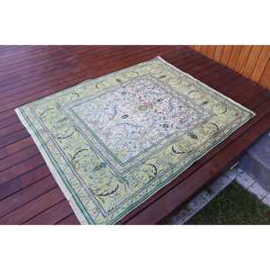 พรมตุรกีวินเทจ ขนาด 3.8x4.7 ฟุต พรมขนสัตว์ลายดอกไม้สีเขียว - Product Image 2
