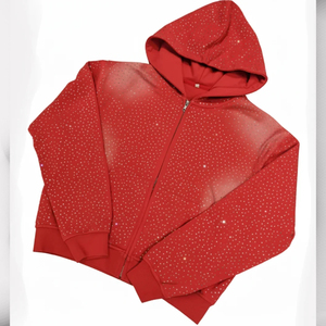 Premium Wholesale Custom Sun Faded Red Zip Up Hoodie Rhinestone Winter Streetwear Fashion Men Women Oversized Zipper Hoodies - Product Image 1
