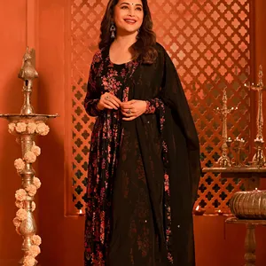 Zardozi Anarkali Kurta con estampado étnico negro listo para usar para mujer de último diseño con juego de Churidar y Dupatta a precio barato OEM