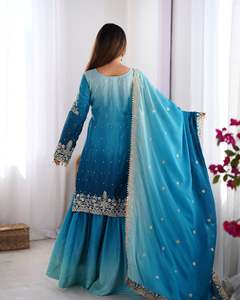 Sharara élégante bleu rivière avec travail de perles rivière, en soie chinon, avec codage Dori, avec séquence, avec rivet, haut et sharara avec dupatta - Product Image 5