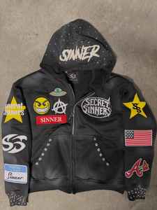 Sweat à capuche en coton doux lourd avec broderie 3D personnalisée, lettres DTG, fermeture éclair, strass, déchiré, délavé à l'acide - Product Image 2