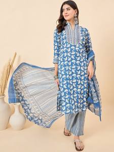 Cuello mandarín estampado motivos étnicos Kurta de algodón puro con pantalón y Dupatta - Product Image 5