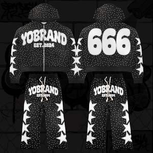 Chándales de diamantes de imitación para hombre SU MARCA chándal acampanado unisex bordado desgastado Sudadera con capucha y pantalones conjuntos lavado con ácido - Product Image 1