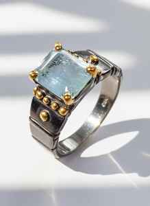 Blue Aquamarine <b>Rhodium</b> Stacking <b>Ring</b> Designed for Elegant Layered Wear Wedding Ocean Inspired Calm Timeless Classic Style - Product Image 3