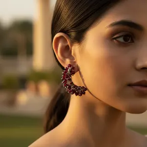 Boucles d'oreilles pendantes en grenat rouge plaqué or pour femme, bijoux de caractère - Product Image 2