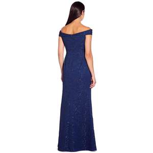 Abito da sera Adrianna Papell da donna in raso blu navy taglia 8 - Decorazione a strati con paillettes, vita impero, scollo rotondo, abito da ballo lungo fino al pavimento - Product Image 2