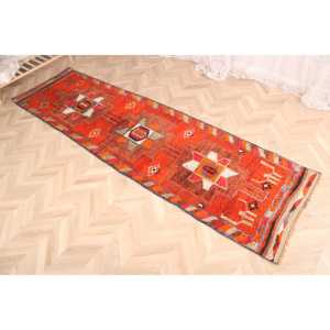 Vintage Turkish <b>Rug</b>, 2.8x10 ft <b>Runner</b> <b>Rug</b>, Orange Brown Check Wool <b>Rug</b> - Product Image 3