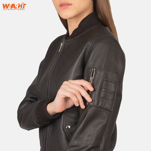 Chaqueta Bomber de invierno con cremallera ajustada de cuero genuino de cordero auténtico para mujer, cuello levantado con bolsillos, ropa de calle teñida lisa, prendas de vestir - Product Image 4