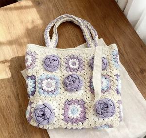 Sac bandoulière en crochet fait main avec fleurs, fermeture éclair, broderies, deux sangles, vente en gros d'usine, design élégant en polyester, idéal pour le shopping - Product Image 1