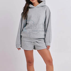 Couleur unie 100% coton tricot décontracté femmes sweats à capuche ensemble court Design personnalisé Streetwear coupe régulière - Product Image 4