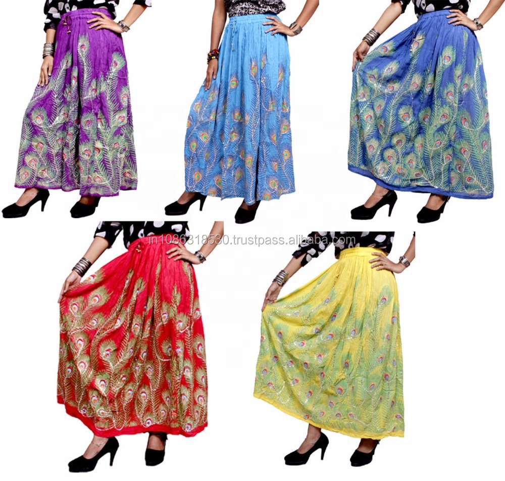 Indiano Tribal Camponês Lantejoula handwork Rayon Boho Hippie Gypsy Skirt Casual e Trabalho Sequin Longo Bordado Saias Envoltório atacado