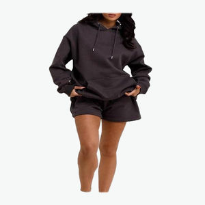 Nouvelle mode 100% coton été décontracté deux pièces ensemble pour femmes épaule tombante à capuche et short avec logo couleur personnalisée - Product Image 1
